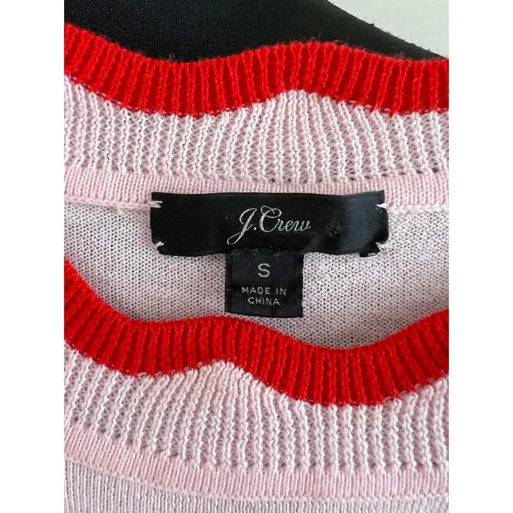 J. Crew Pink Red Blue Cotton Wool Scallop Trimmed Striped Pullover Sweater Sz S